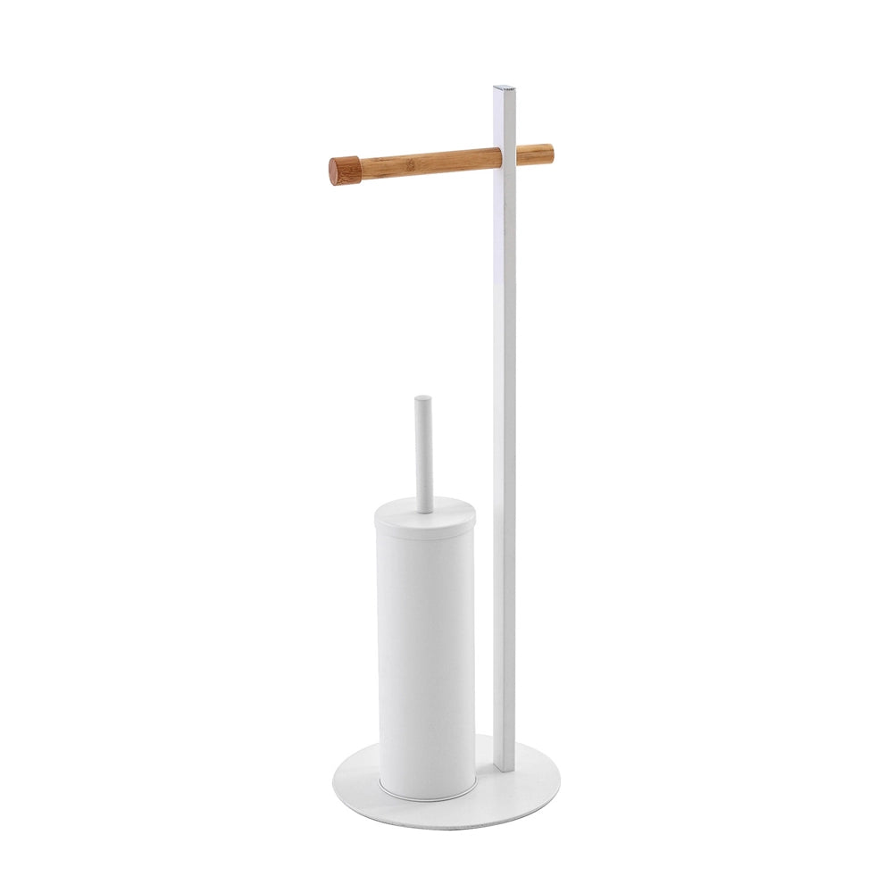 Piantana porta rotolo e scopino bagno in bamboo e acciaio bianco ø22xh.67 cm