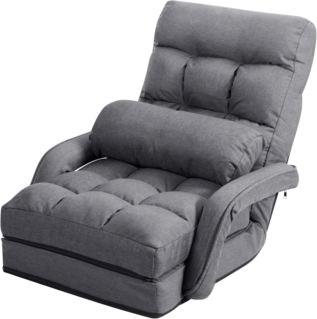 Poltrona Divano con 5 Livelli Regolabili, Sedia da Terra con Braccioli e Cuscino, Struttura in Acciaio, Multifunzione e Pieghevole per Soggiorno Camera da Letto, 55x66x71 cm (Grigio)