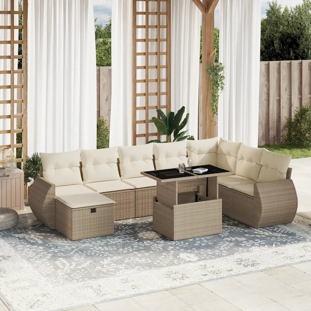 Set Divano da Giardino 9 pz con Cuscini Beige in Polyrattan