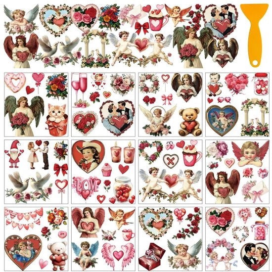 Decorazioni per finestre e vasi a trasferimento a mano - 12 fogli - tema cuore/rose/Cupido - per uso su mobili - decorazioni per finestre e vasi - trasferimento a mano con strofinamento - decorazioni per decorazione di San Valentino