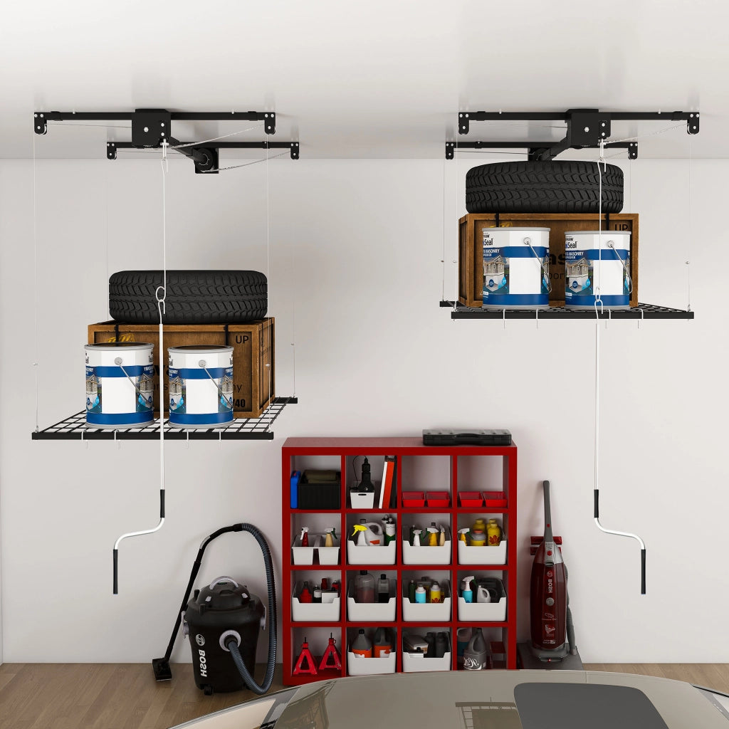 Scaffale da soffitto con manovella in acciaio nero piattaforma 120 × 120 cm portata 113 kg per garage alti 3-3.6 m