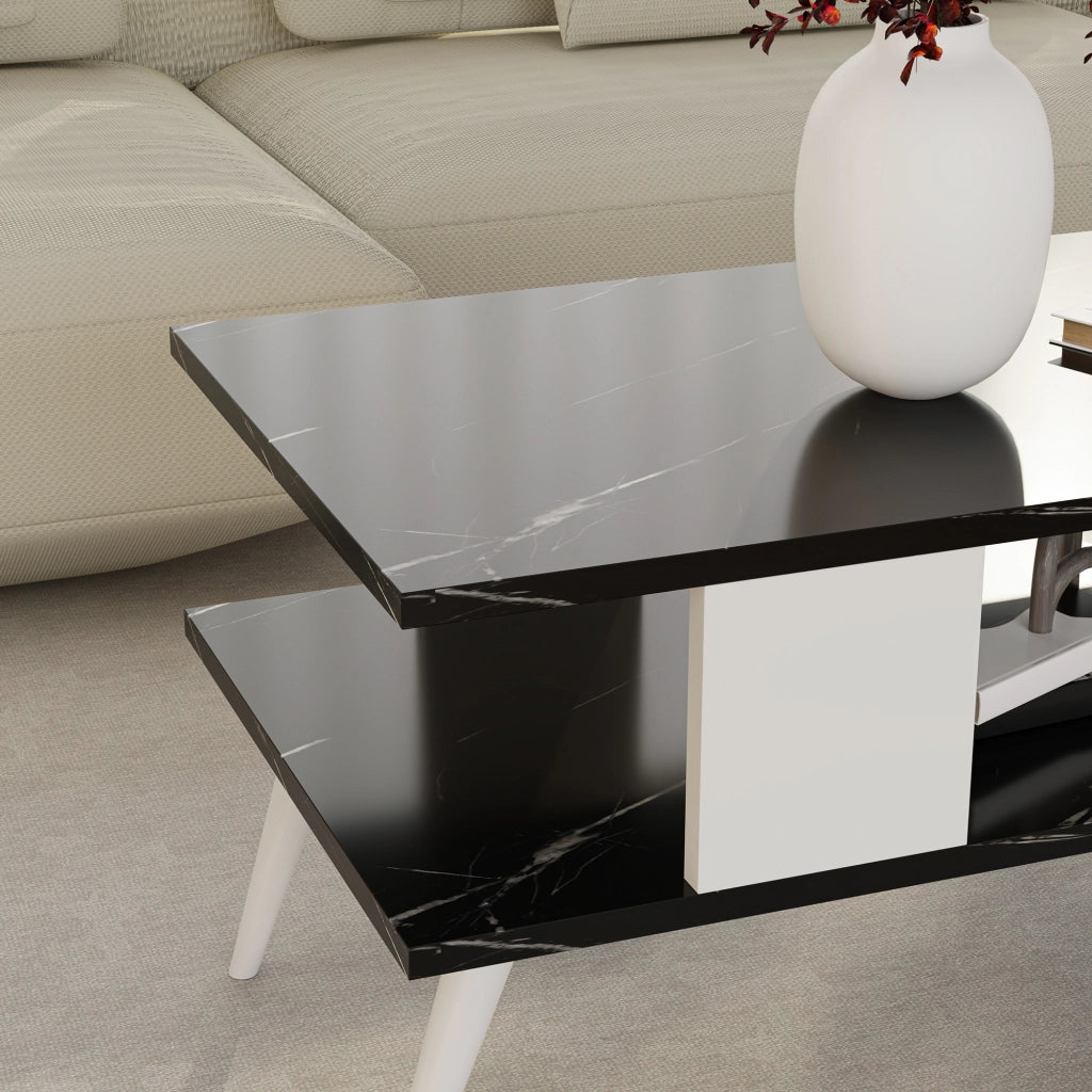 Tavolino Basso da Divano 'Lycksele' con Scomparto Semiaperto e 4 Piedini - Effetto Marmo Nero / Bianco [en.casa]