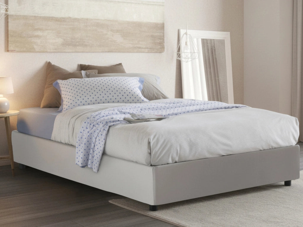 Letto matrimoniale Akemi, Letto contenitore con rivestimento in ecopelle, Made in Italy, Apertura frontale, con materasso cm 140x190 incluso, Bianco