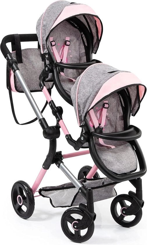 Doppio Neo Doppio passeggino con ruote regolabili e inclinabile con valigetta rosa grigio - per passeggini per due bambini