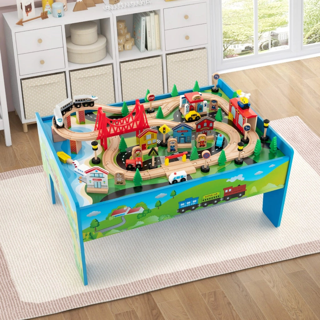 Set di trenini in legno con tavolo reversibile e staccabile cassetto capiente, Tavolo da gioco per bambini 80 Pezzi-Giocattoli educativi