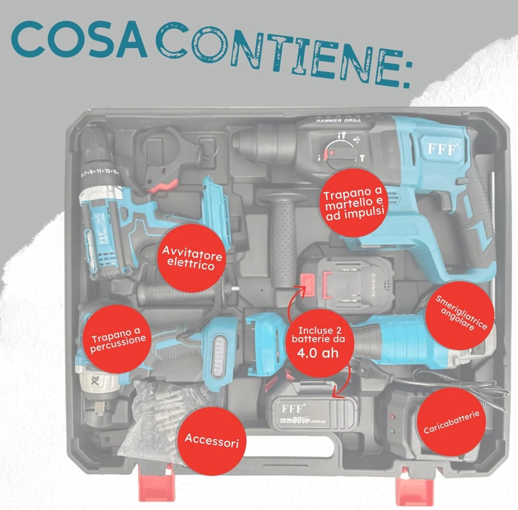 Kit Completo Professionale 4 in 1 con Trapano Avvitatore a Batteria