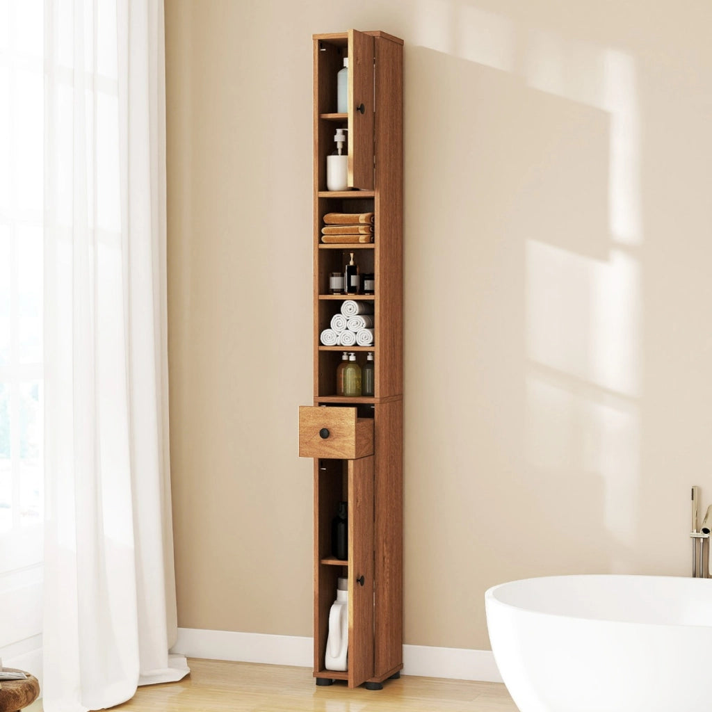 Armadio da bagno alto slim con 1 cassetto di stoccaggio, Armadio da bagno 5 ripiani regolabili struttura antiscivolo Legno naturale