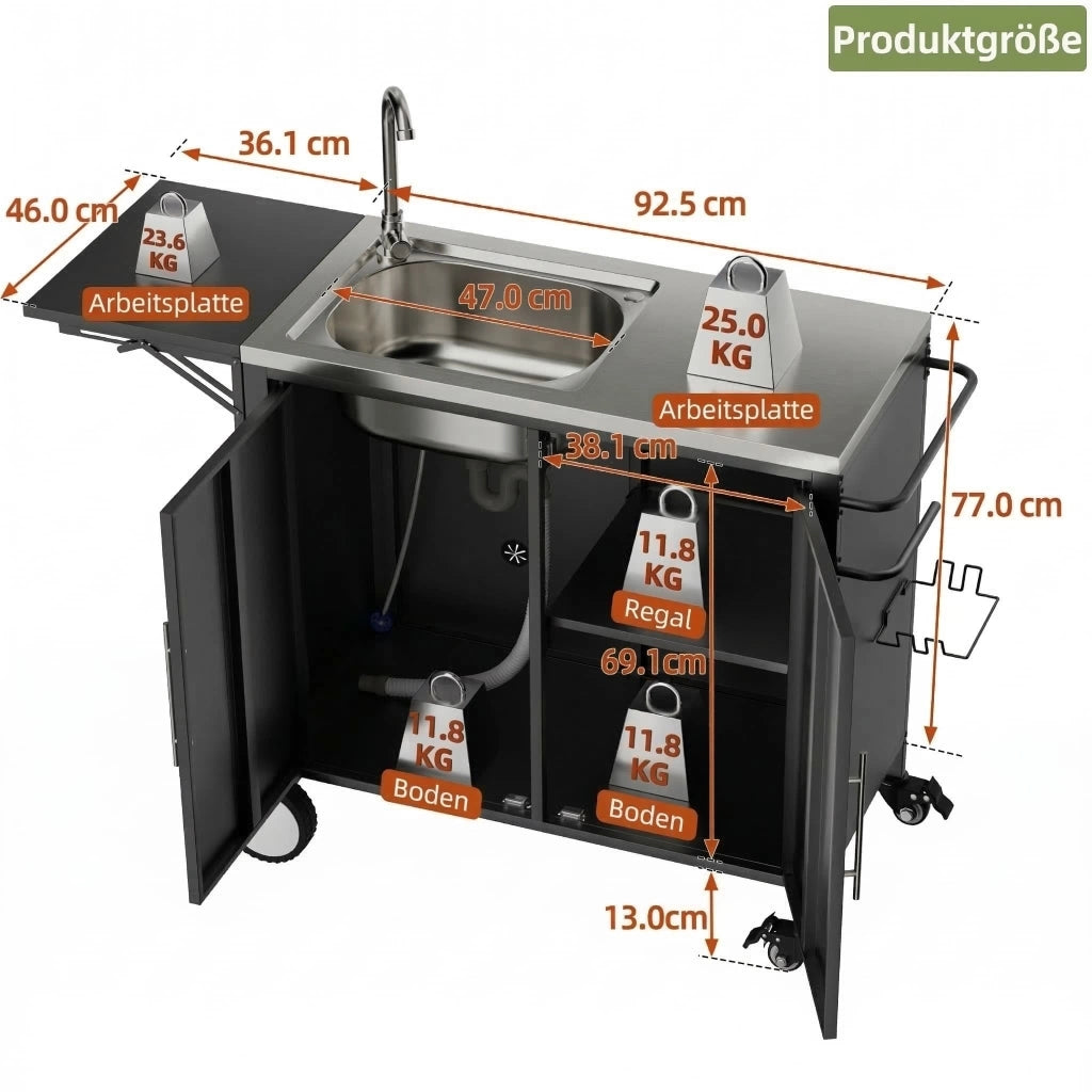 Carrello grill con lavello; piano pieghevole e ruote bloccabili a 360°; struttura in metallo nero 128.5 × 46 cm