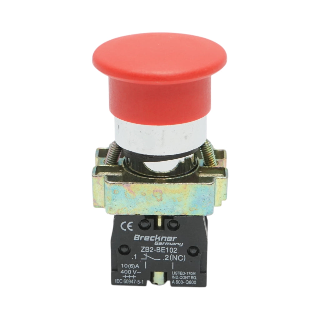 Pulsante di comando STOP rosso con ritorno a fungo 1NC, 400V/10A, LAY5 Breckner Germany