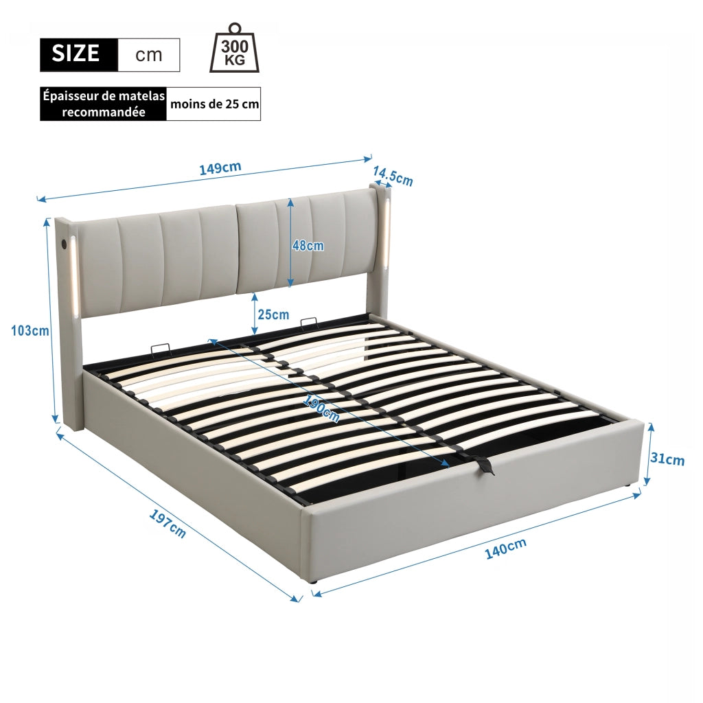Letto imbottito con LED, USB e contenitore 140 x 190 cm, PU grigio