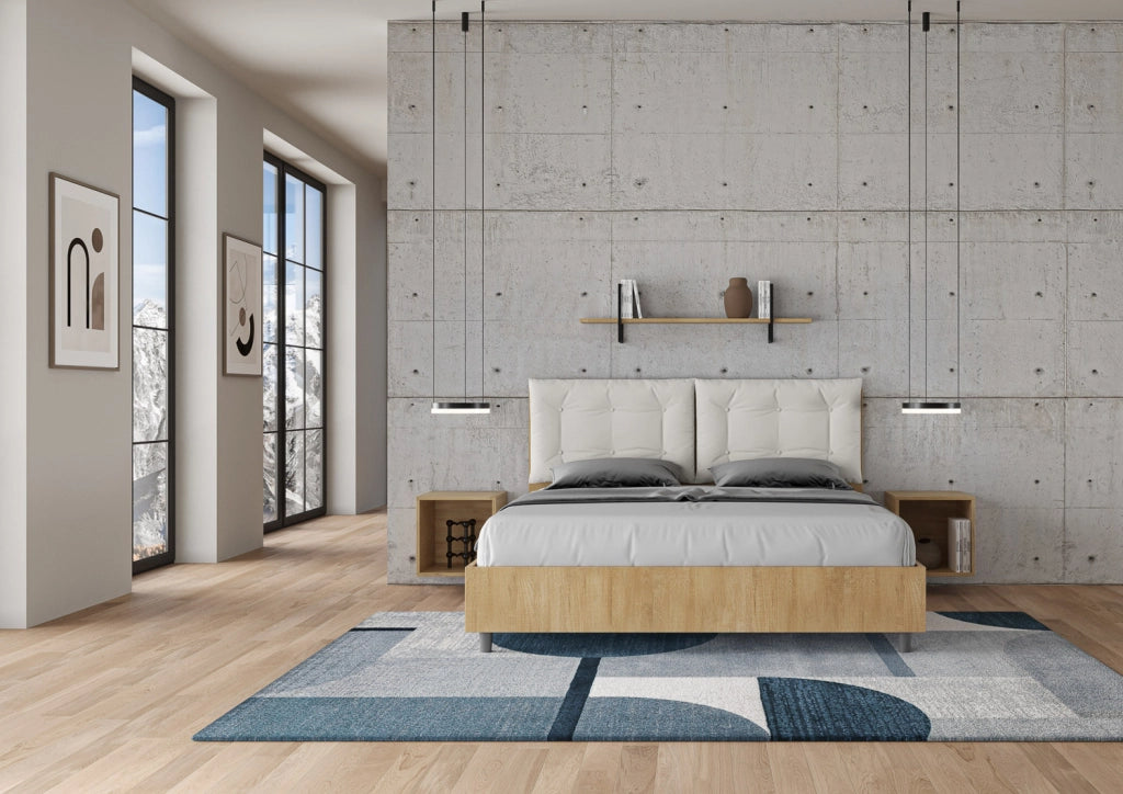 BS COM Letto matrimoniale contenitore 160x200 quercia cuscini similpelle bianco