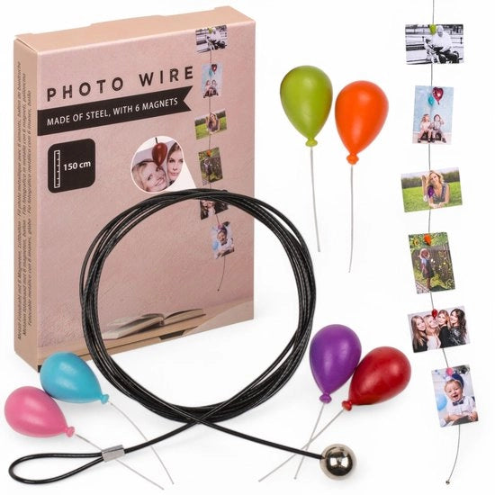 Cavo di fissaggio per foto 150 cm - Acciaio flessibile - Corda di fissaggio per foto con magneti - Montaggio facile alla parete - Sistema di appendi foto creativo - Presentazione elegante - Sistema di appendi foto per foto