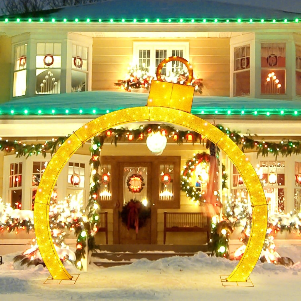 Arco di Natale Pre-Illuminato di 313 cm, Arco Festivo Illuminato con Cappello Ornamentale Dorato, 300 Luci LED Bianche Calde, Decorazione Natalizia per Giardino, Negozio e Cortile