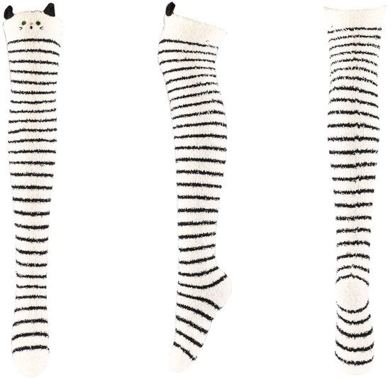 Calze per ginocchio per donne - Calze a rete a ginocchio alto - Calze lunghe - Felpa coral - Nero/Bianco - Lunghezza totale 79,5 cm