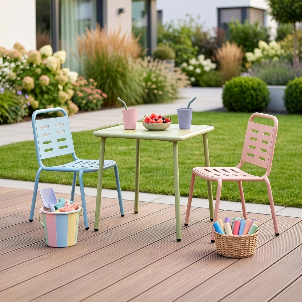 Set di 3 Mobili Etroubles per Bambini Tavolino e 2 Sedie per Esterno e Interno - Verde Salvia/Celeste/Pesca casa.pro