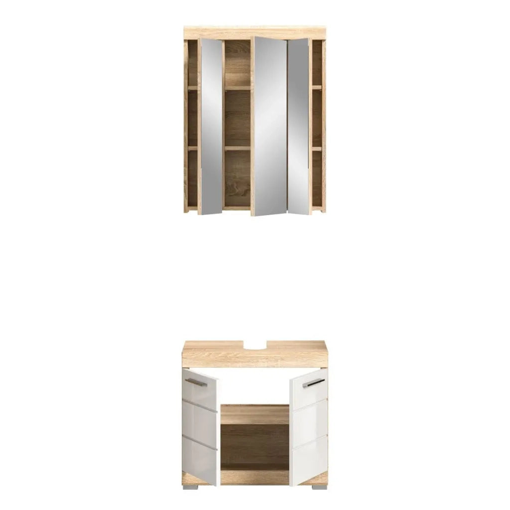 Set da bagno LEWOTO – Mobile sottolavabo e armadietto con specchio – Bianco e rovere
