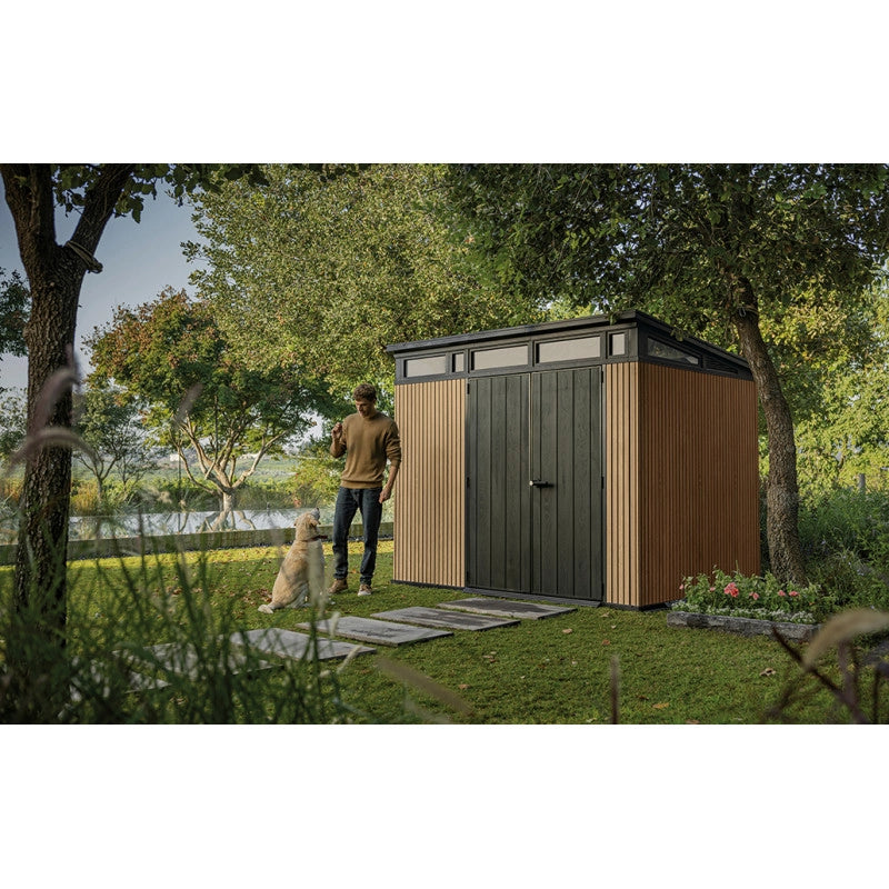 Casetta da giardino in resina effetto legno EVOTECH+ 279x218 cm - pavimento e doppia porta - carico neve 150 kg/m² – Pent 9x7 Signature Venetian - Keter