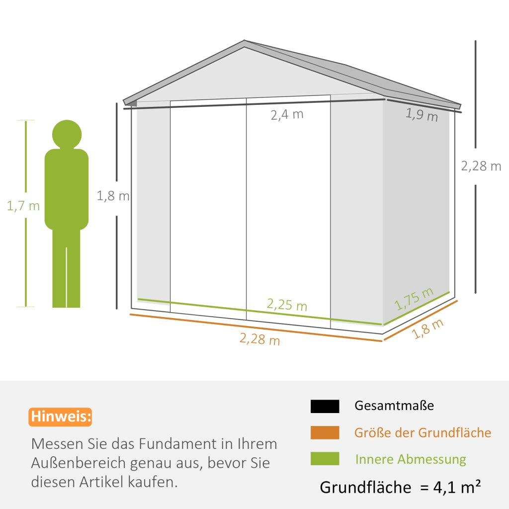 Capanno da giardino 4;1 m3; capanno da giardino con tetto monofango; 240 x 190 x 180/228 cm; capanno per attrezzi con porta chiudibile a chiave; finestra; garage per biciclette; armadietto in alluminio; per giardino; giardino; grigio