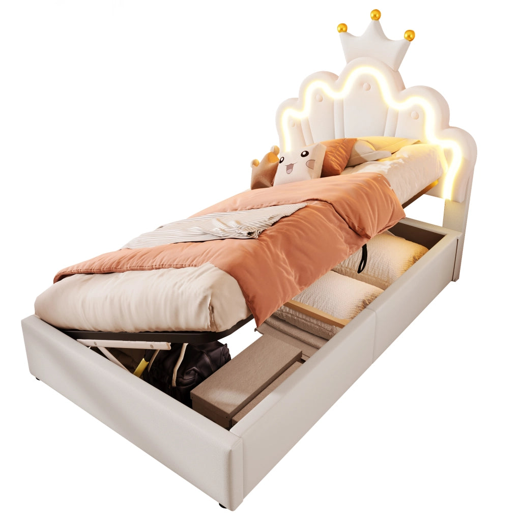 OKWISH Letto Contenitore 90×200 cm, Letto Singolo con LED Multicolore, Testiera Regolabile e Apertura Idraulica, senza Materasso, PU Bianco