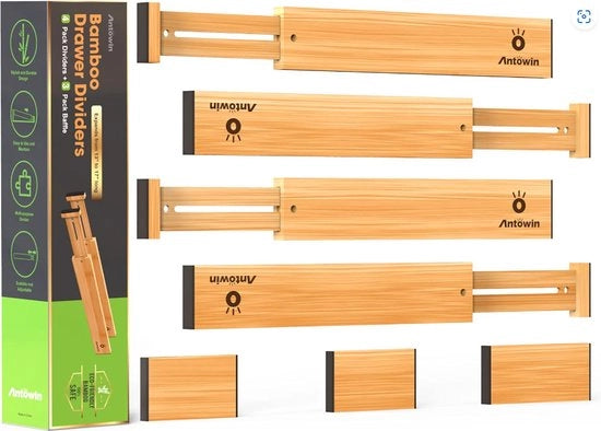 Set di 4 divisori per cassetti in bambù regolabili, 33-43cm, organizzatori, per l'arredo di armadi, cassetti di abbigliamento, comodini, armadi a muro
