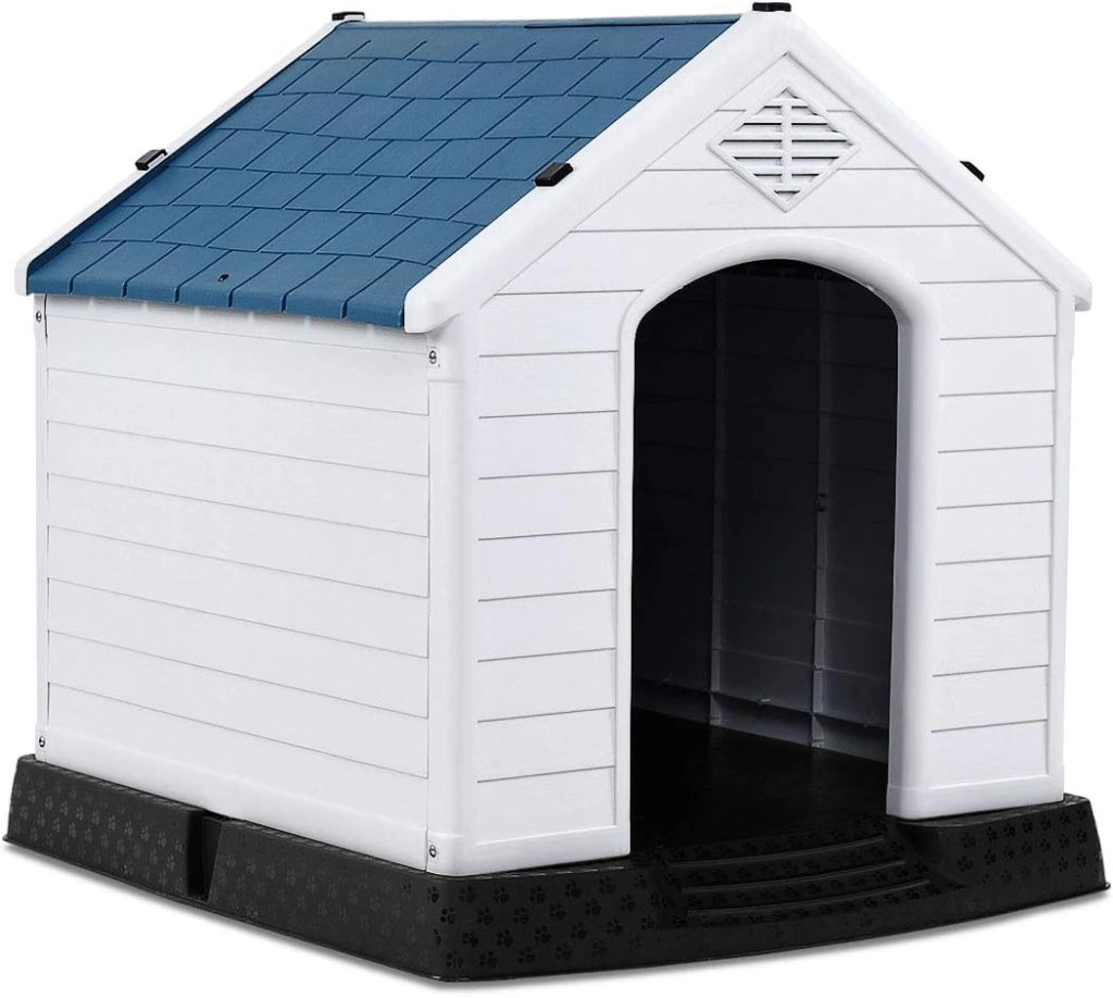 Cuccia per Cani da Esterno Impermeabile, Canile Villa per Cani in PP Resina, Bianco/Blu (85 x 77 x 83 cm)