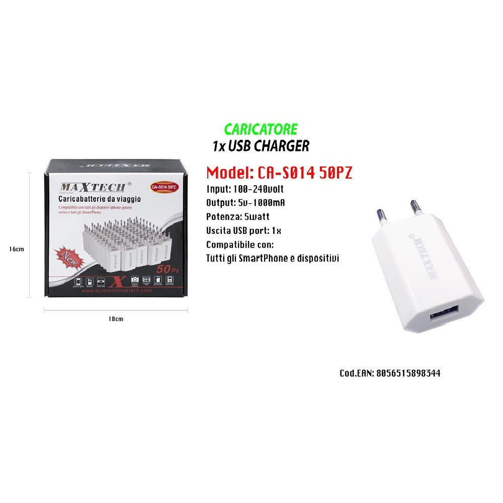 Trade Shop - Set 50 Caricatori Usb Smartphone 5v-1000ma Caricabatteria Maxtech Ca-s014 50pz -