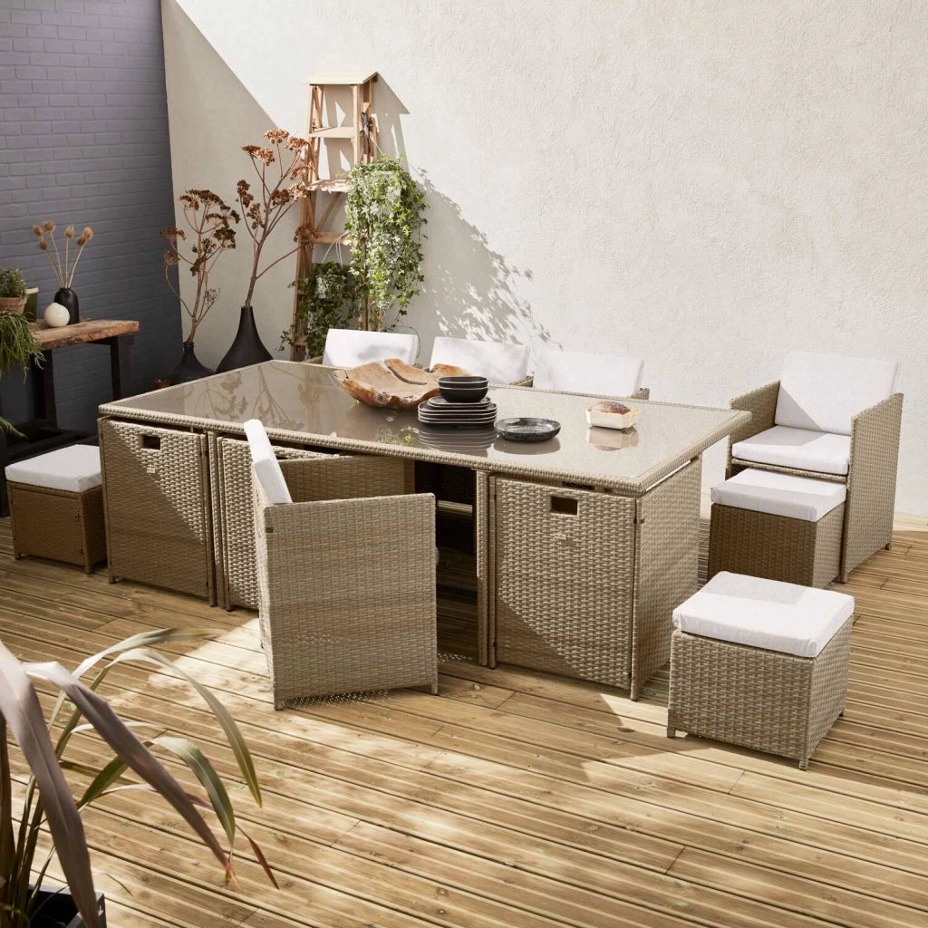 Set tavolo da giardino in resina intrecciata con 8-12 poltrone, beige