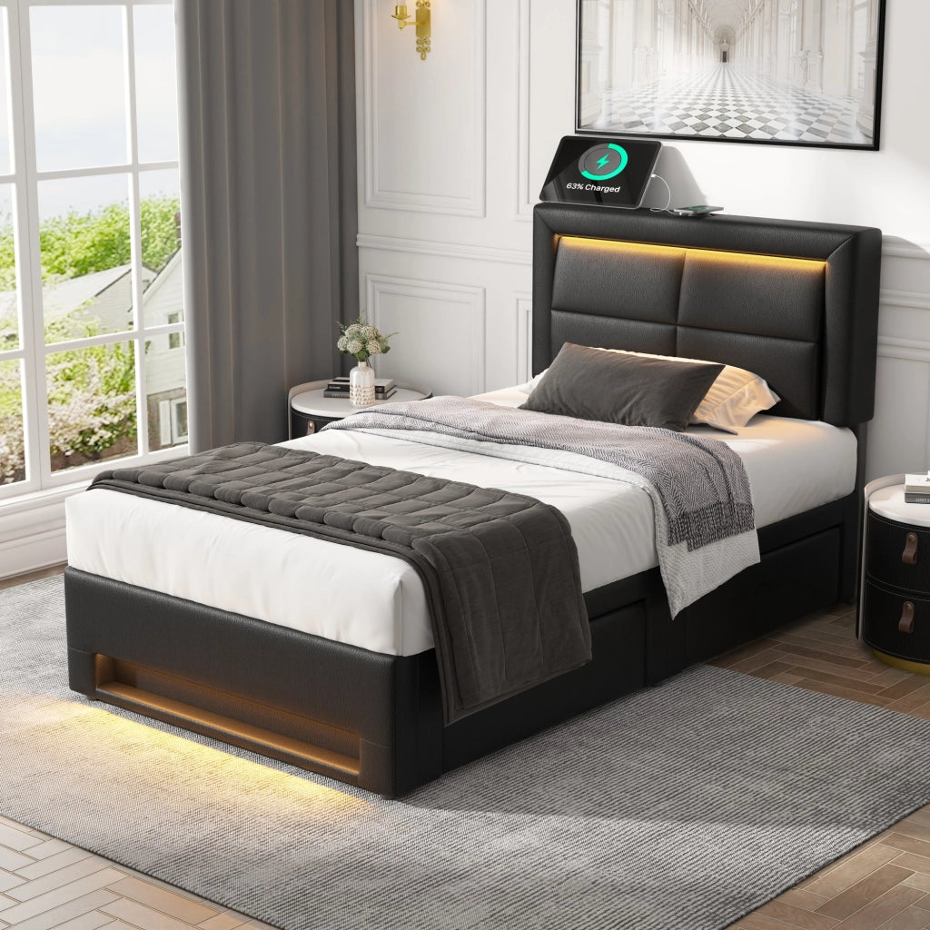 Letto imbottito 90x190 cm in PU nero con USB, LED e 4 cassetti