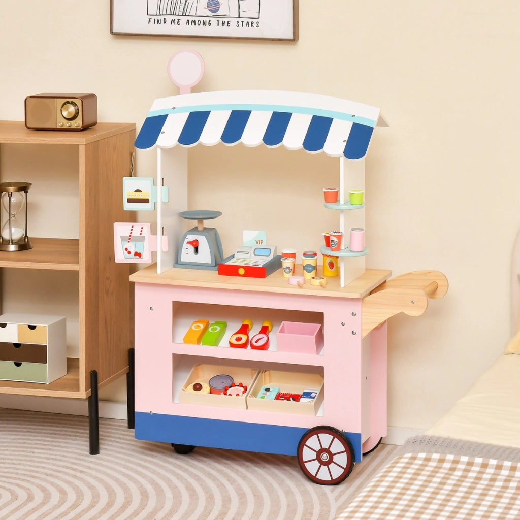 Carrello alimenti per bambini con pos bilancia mensole e ripiani, Supermercato giocattolo con 3 ruote Rosa-Case e cucine giocattoli