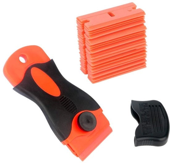 Schrappatrice in vetro con 25 pezzi di lame di sicurezza - Strappatrice di adesivi auto - Strappare adesivi vinili - Schiacciastrappi 11x4,5cm - ABS plastica - Garanzia di soddisfazione del cliente - Raschietto in plastica