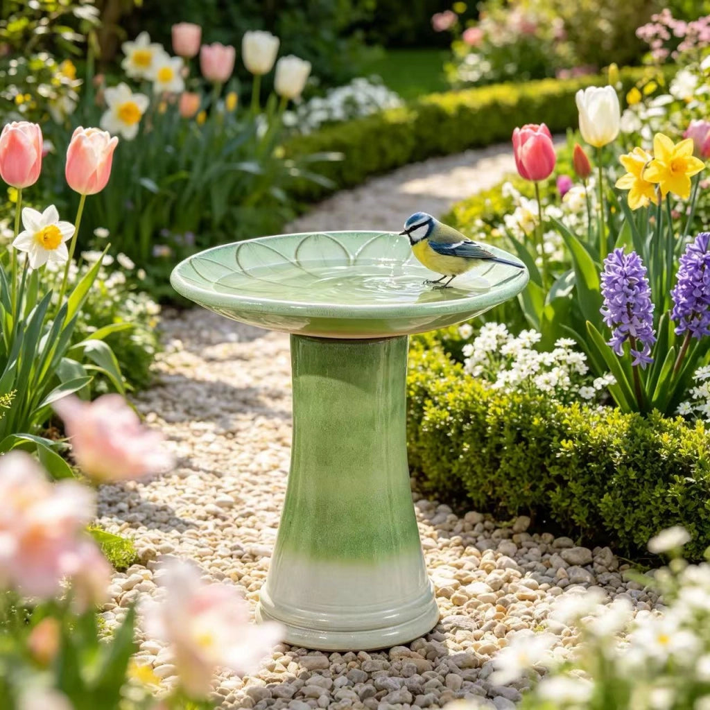 Bagnetto per uccelli in ceramica verde con ciotola a rilievo floreale smaltata Ø 43 cm altezza 45 cm da giardino