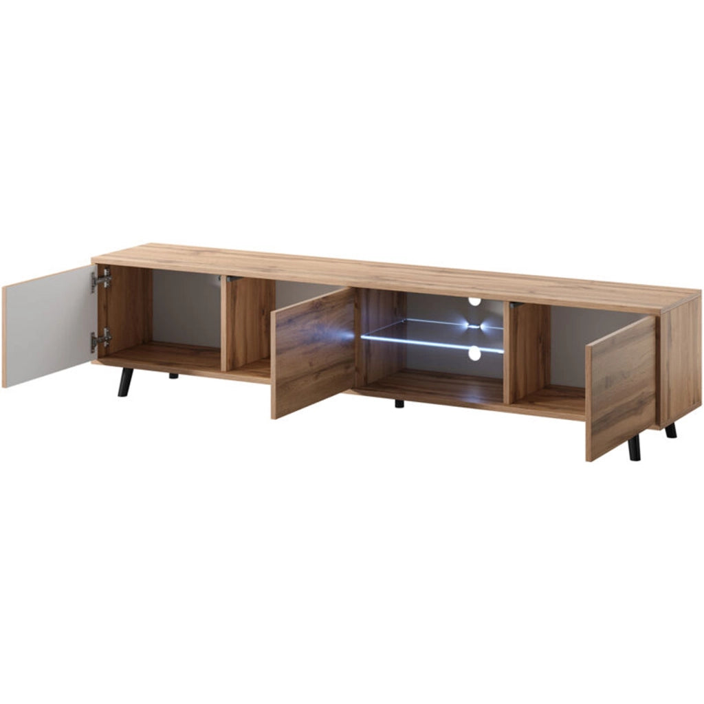 Porta Televisore Mobile TV Con 3 Ante Battenti Vano Centrale Ripiano In Vetro E LED In Melaminico Piedini In Metallo Per Soggiorno Salotto Zona Living 175 x 40 x 31.5 cm Rovere