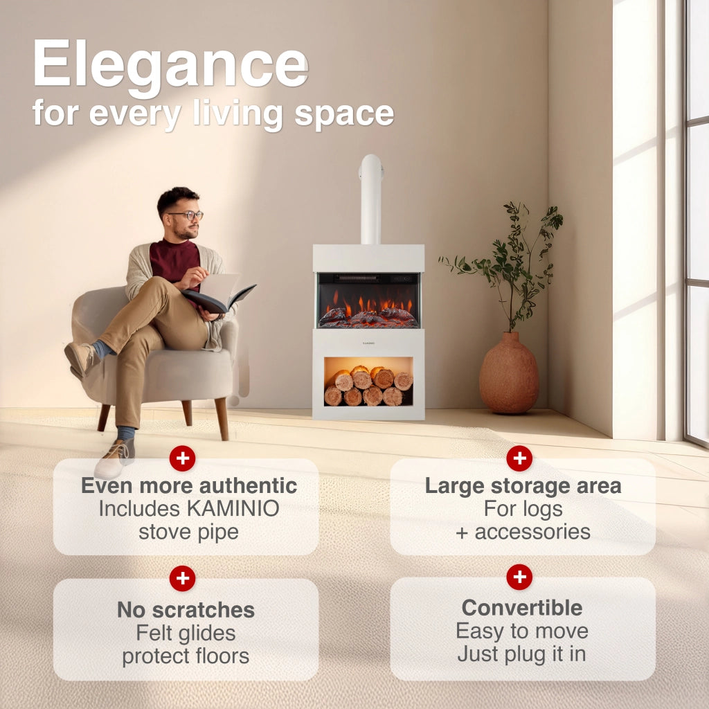 KAMINIO Camino elettrico HENRI con tubo del camino - Stufa elettrica riscaldamento, fiamma 3D, luce ambiente, scomparto de legno, telecomando - Bianco