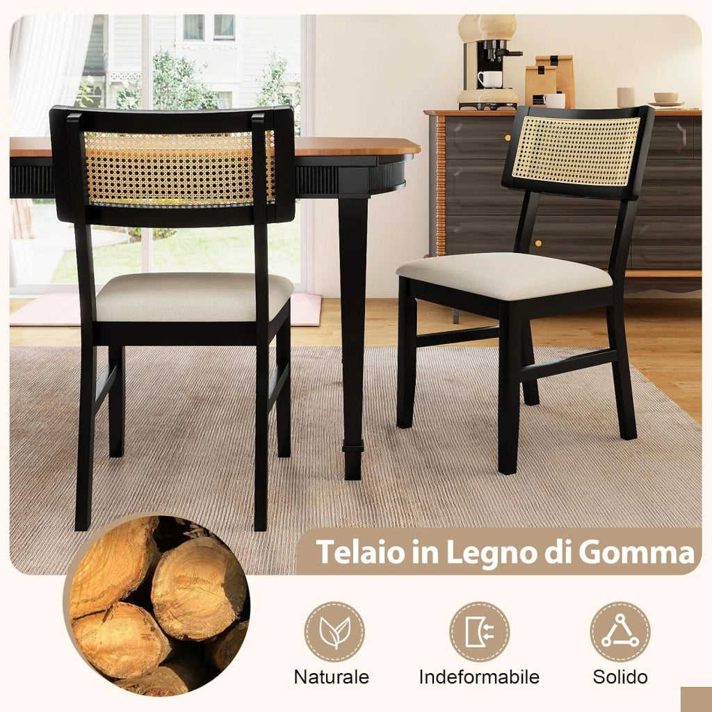 Set di 2 Sedie da Pranzo in Rattan, Sedie da Cucina Imbottite con Rivestimento in Tessuto, Gambe in Legno e Schienale Curvo per Soggiorno, Sala da Pranzo e Ristorante, Portata 180 kg