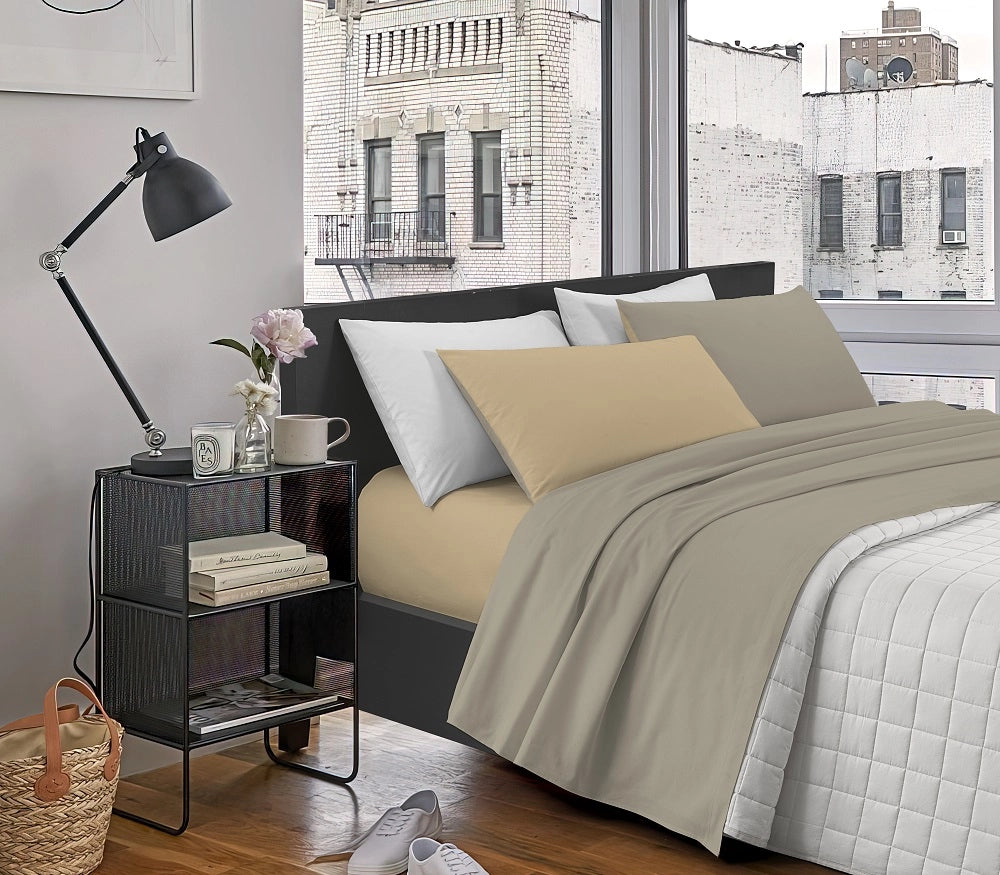 Completo Letto In Morbido Cotone Di Flanella Antipilling Set Lenzuola Bicolore Lenzuolo Sopra Sotto Federe - Tortora-Beige - Matrimoniale