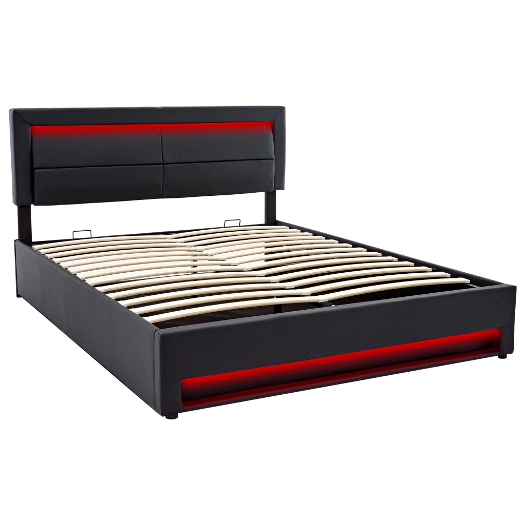 Letto imbottito 140 x 190 cm con USB, LED e contenitore, PU, nero