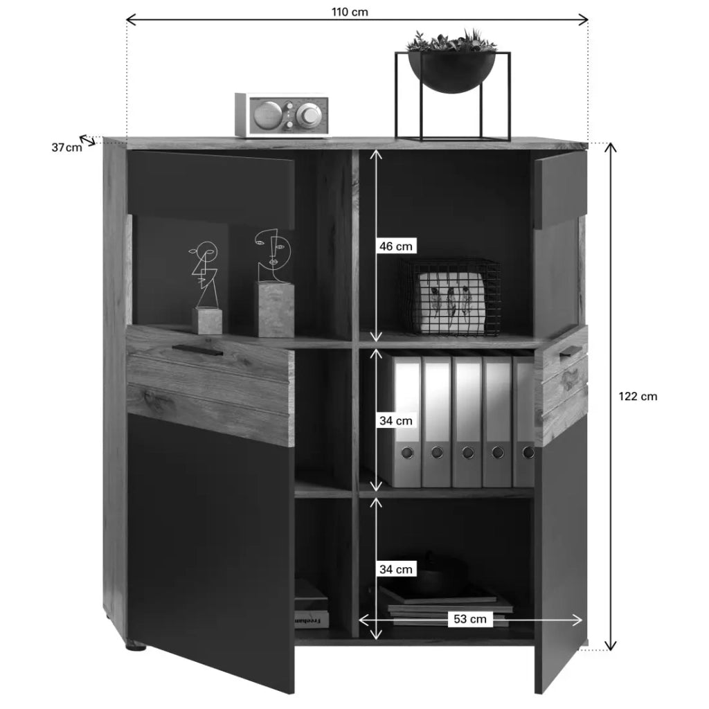 Buffet alto 2 porte in vetro – Grigio antracite e rovere chiaro – SELMA