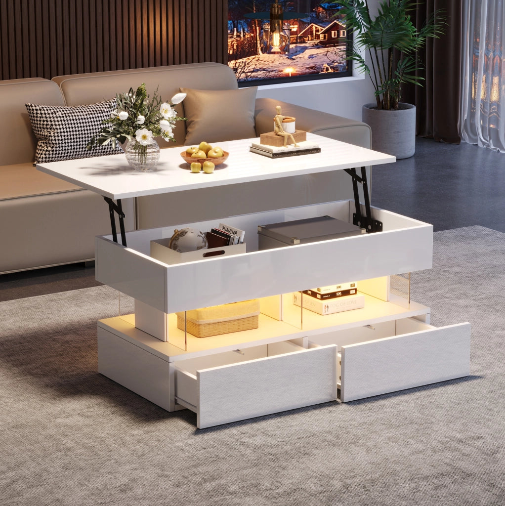 Tavolino da salotto ULEVR 100x50x46 cm con piano sollevabile idraulico, LED Bluetooth e 2 cassetti, bianco