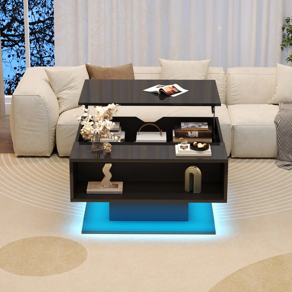OKWISH Tavolino da Salotto Alzabile con Vano Contenitore e Spazio Semiaperto, LED, per Soggiorno, Pannello di Particelle, Nero, 80 x 75 x 40 cm