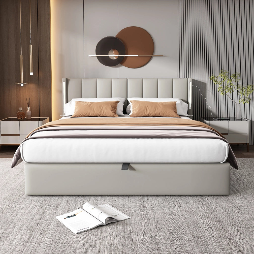 Letto imbottito con LED, USB e contenitore 140 x 190 cm, PU grigio