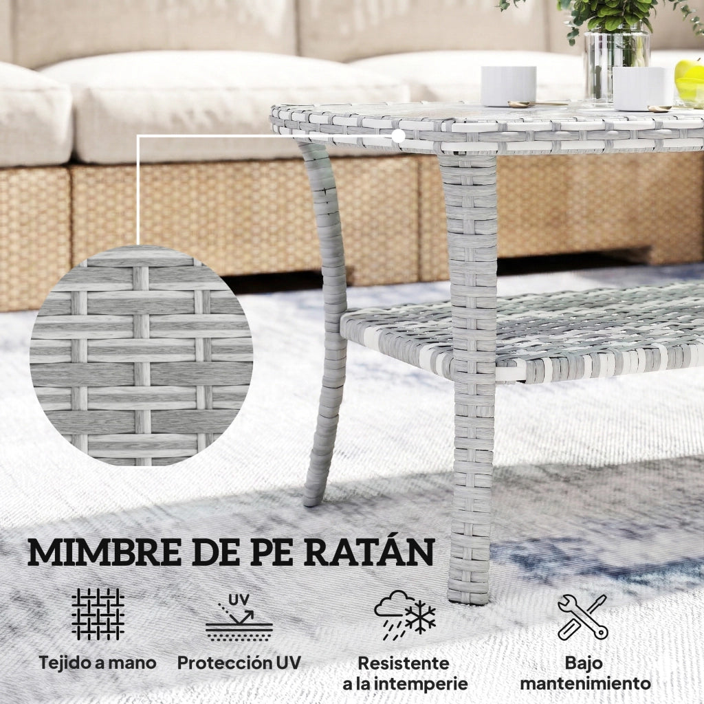 Tavolo da Giardino in Rattan con Piano in Vetro Temperato ¨C zephmum ¨C 90x50x45 cm Grigio Scuro