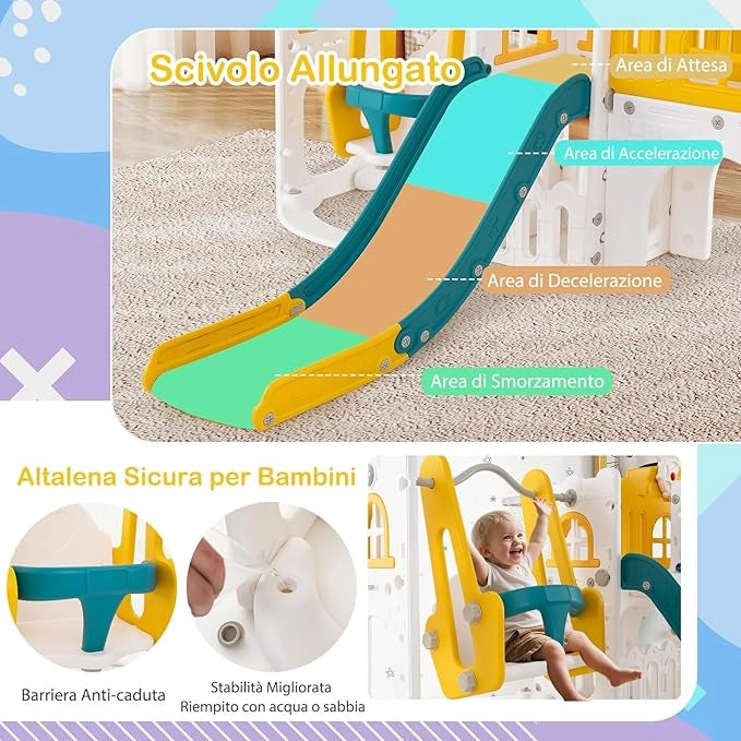 10 in 1 Parco Giochi per Bambini, Set Altalena e Scivolo con Canestro da Basket Telescopio Volante, Palestra da Gioco per Bambini 1 Anni + (Giallo)