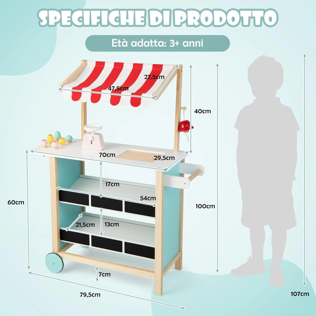 Carretto dei Gelati in Legno per Bambini, con 6 Gelati Giocattolo, Bilancia a Forma di A, Campanello Funzionante, Gelateria per Bambini + 3 Anni, 79 x 29 x 100 cm (Rosso)