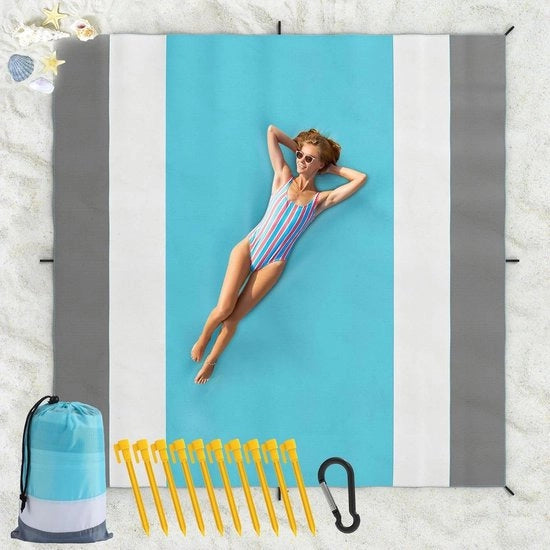 Asciugamano da Spiaggia 200 x 210 cm - Asciugamano Extra Grande per Adulti con 10 Steli & 4 Tasche Angolari - Asciugamano di Panno Rapido per Viaggi di Vacanza Campeggio Escursioni - Verde Menta & Bianco & Grigio