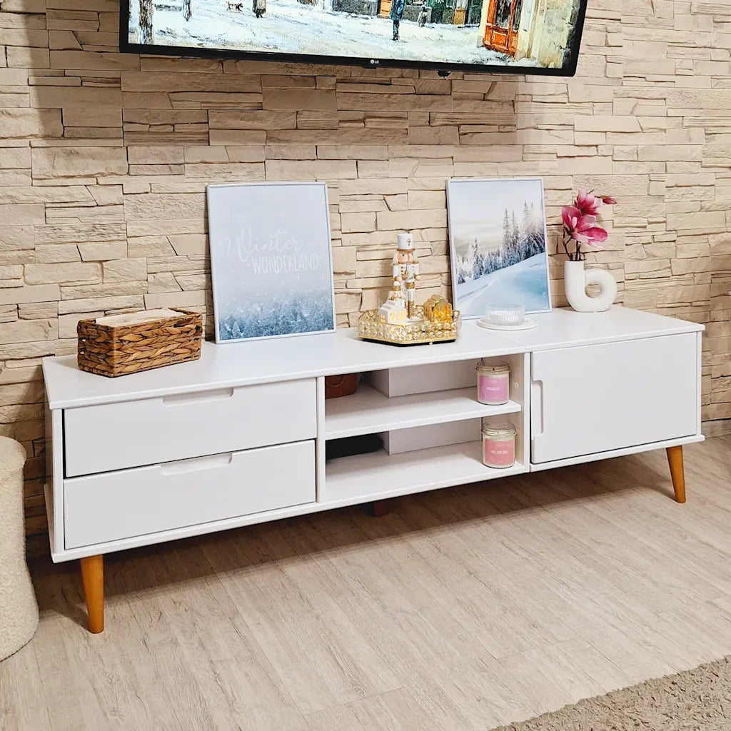 Mobile TV | Armadietto TV | Mobile Porta TV MOLDE Bianca 158x40x49 cm in Legno Massello di Pino