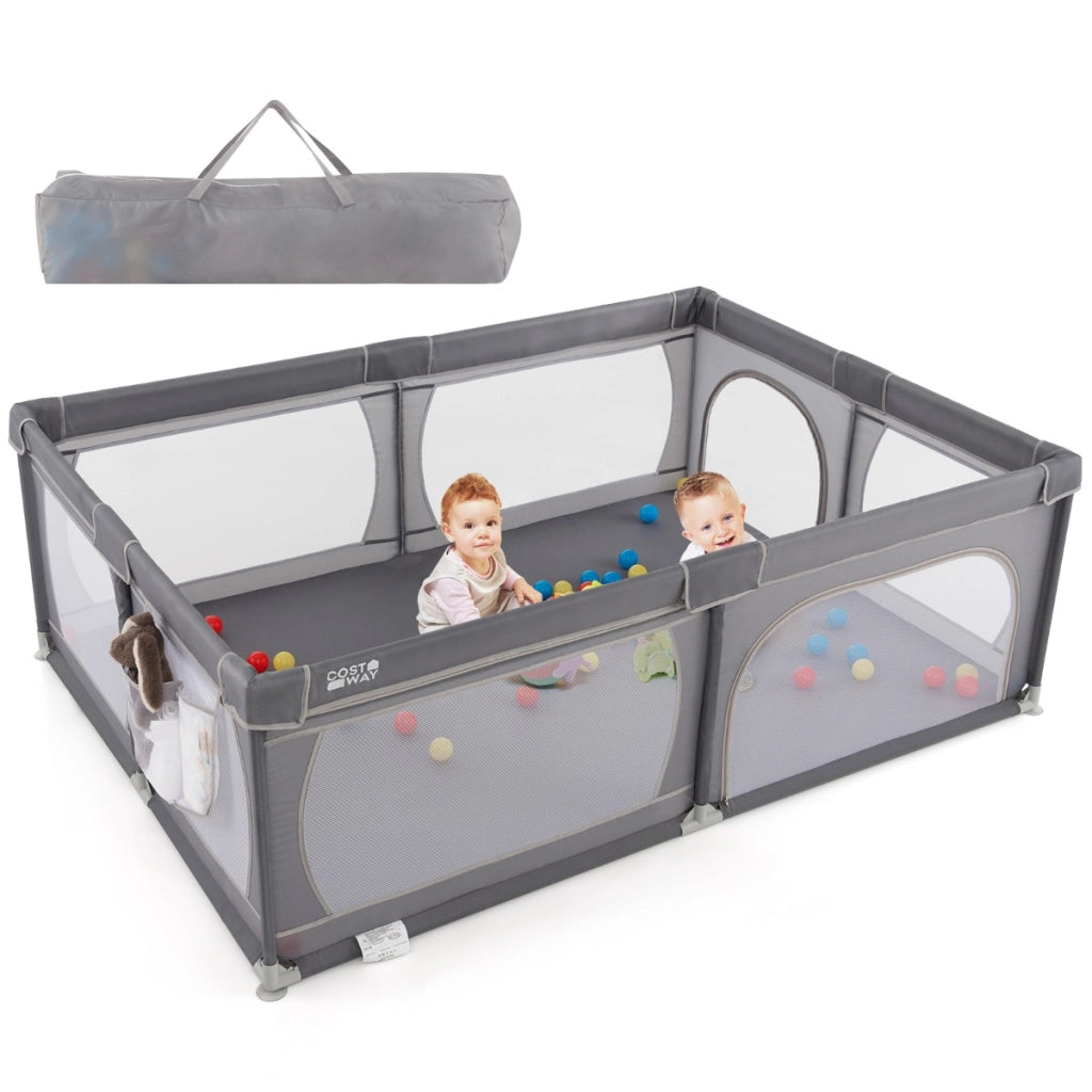 Recinto bambini con rete traspirante tasca portaoggetti apertura a cerniera, Box giochi per neonati Grigio scuro
