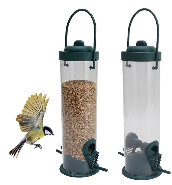 Dispensatore di cibo per animali resistentente alle intemperie - Forma tubolare - Posizionamento appeso - Stazione di alimentazione sicura per scoiattoli - Materiale in plastica - Visibile per una facile sorveglianza - Casa di alimentazione
