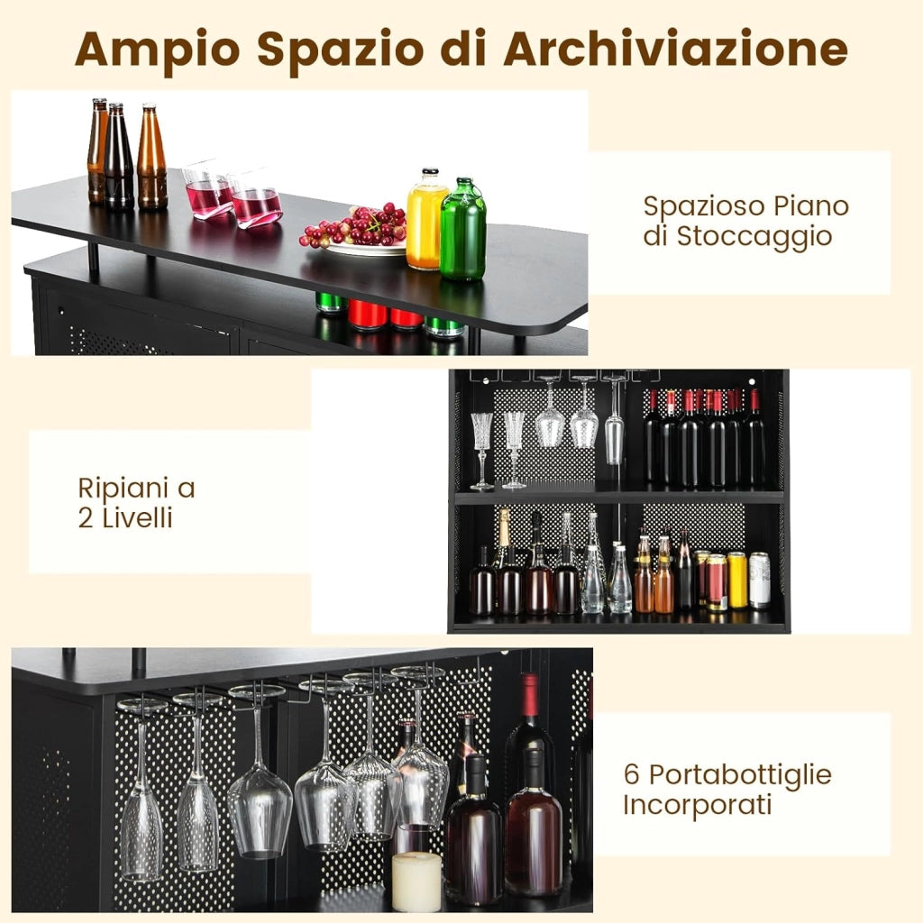 Mobile Portabottiglie a 5 Livelli a 4 Livelli, Portabottiglie per Vino da Terra con 2 Ripiani Porta Vini e Porta Calici, per Cantine, Sala da pranzo, Cucina