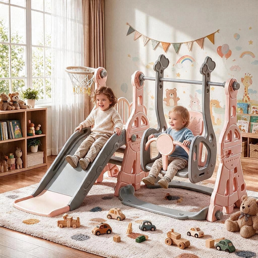4 in 1 Parco Giochi Bambini 140x118x102cm Scivolo per Bambini, Parco Giochi Bambini Interno, con Altalena, Scivolo, Canestro Basket, Scala, Rosa