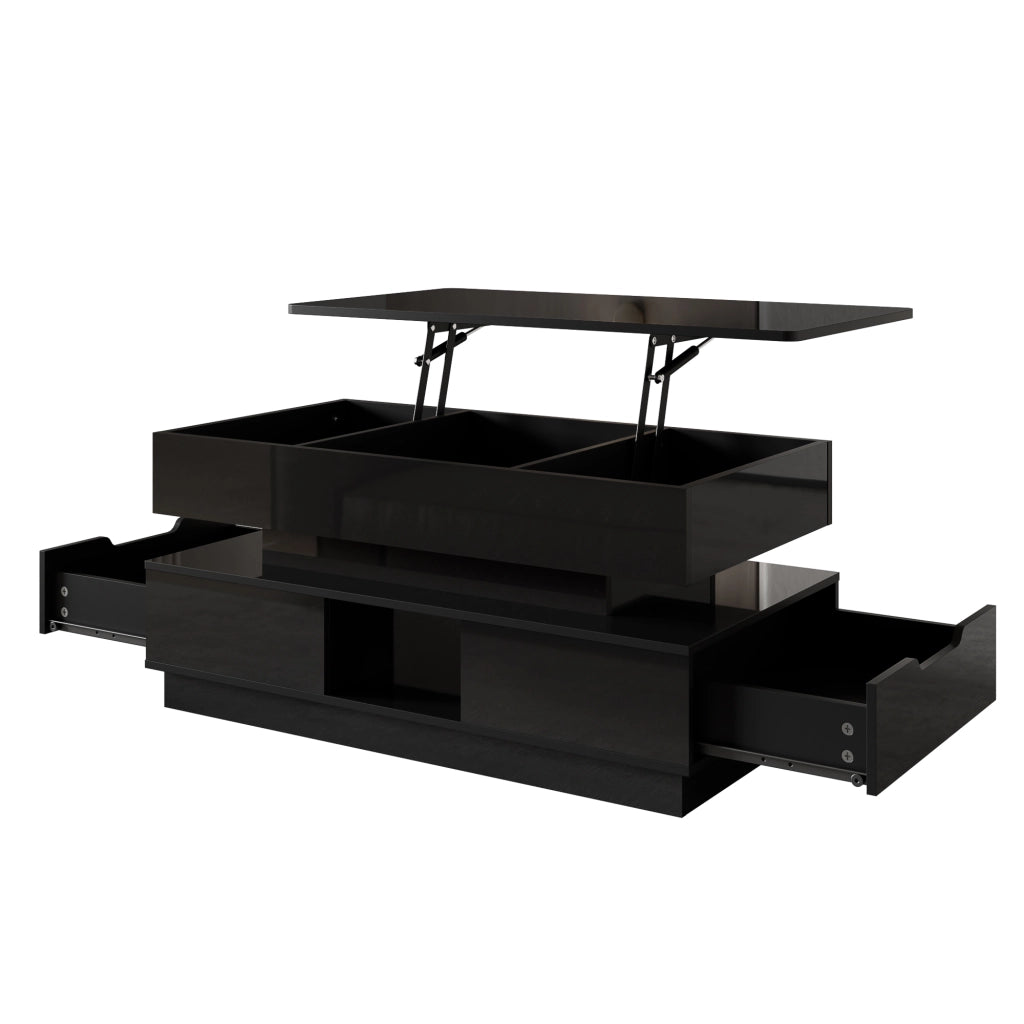 Tavolino lucido, 2 cassetti, illuminazione a LED, piano regolabile in altezza, nero